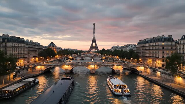 Scenic view of the eiffel tower and seine river at dusk with boats and cityscape