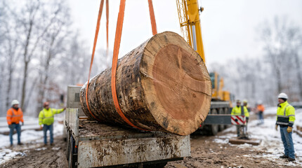 Construction workers in safety gear are lifting a large log with a crane on a snowy site, showcasing teamwork and heavy machinery in action