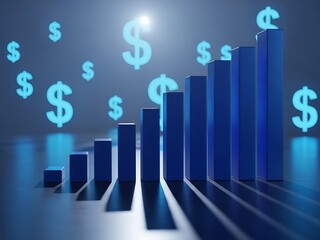 3D blue bar chart showing financial growth with glowing dollar signs floating around, symbolizing profit and economic prosperity.