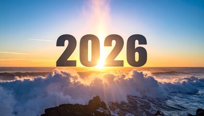 Year 2026 superimposed on sunrise over ocean waves