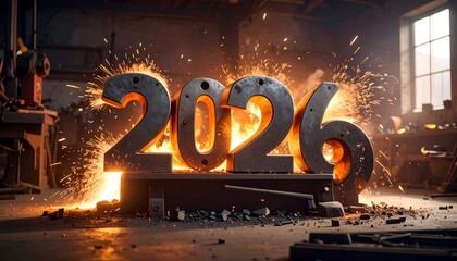 Fiery steel "2026" in a workshop, sparks fly. Metallic numbers, grunge