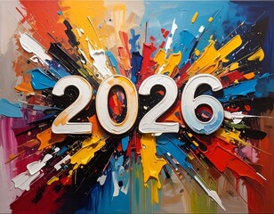 Vibrant artwork of 2026 emerging from an explosion of colorful paint
