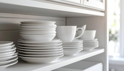 White dinnerware neatly stacked on shelves inside a bright white cabinet