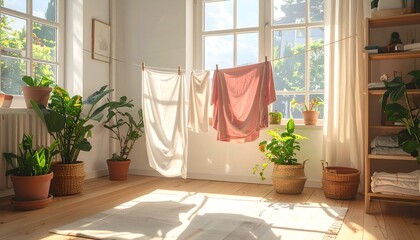 Bright room with laundry drying and indoor plants bathed in sunlight