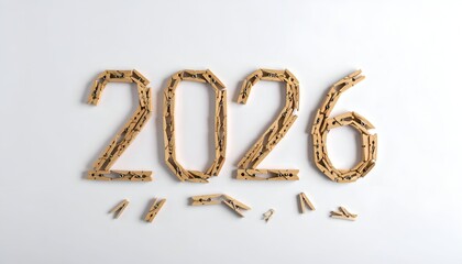 Year 2026 constructed from wooden clothespins on a white background