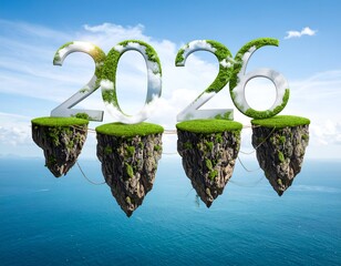 Numbers 2026 atop floating islands with vegetation against sky/sea