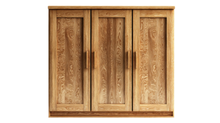 Wood wardrobe closet with three closed doors, natural texture, and handles, providing storage for a home interior