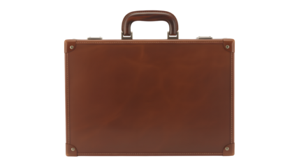 A professional brown leather briefcase with a sturdy handle and shiny metal accents displayed against a black background under bright studio lighting