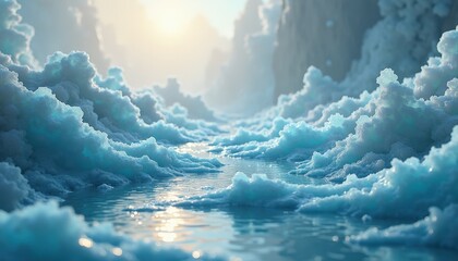 Winter Landscape with Frozen River and Soft Sunlight Filtering Through Mist Covered Mountains