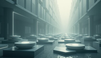 Futuristic Urban Landscape with Rows of Glowing Pedestals in a Misty Alleyway Illuminated by Soft Ambient Light and Vertical Neon Accents