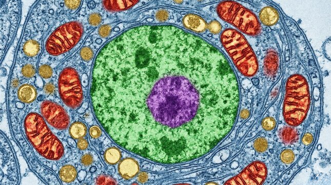 Transmission electron micrograph of a mammalian cell, showcasing its intricate internal structures including the nucleus, mitochondria, and various organelles.