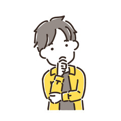 考え事をして首をかしげている若い男性／シンプルカラー／単品
