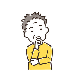 考え事をして首をかしげている中年男性／シンプルカラー／単品
