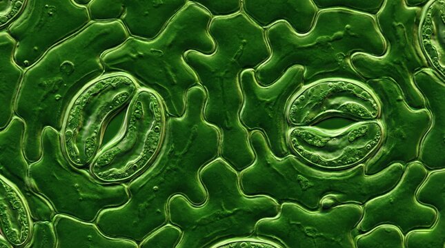 Microscopic view of stomata on a plant leaf, showing guard cells regulating gas exchange and transpiration.