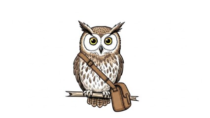 Charming cartoon owl illustration perched on a branch wearing a stylish brown messenger satchel