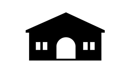 A black silhouette of a simple house with a triangular roof and arched doorway on a white background with home and architecture and building