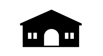 A black silhouette of a simple house with a triangular roof and arched doorway on a white background with home and architecture and building
