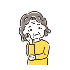 考え事をして首をかしげている高齢女性／シンプルカラー／単品