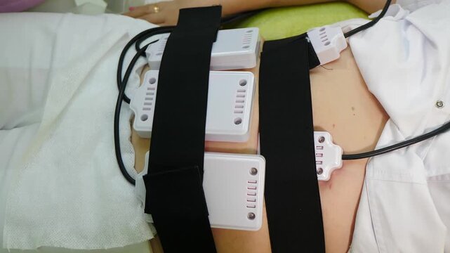 Lipo laser equipment on female body in medicine salon or modern beauty clinic. Body care. Fast fat burning. wellness center with weight loss procedures. 4 k video