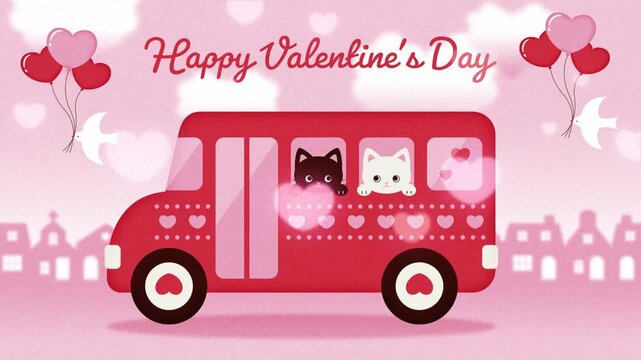 pink background with a couple of cats on the cute bus with hearts driving on the road animation for Valentine's Day, Wedding, etc.