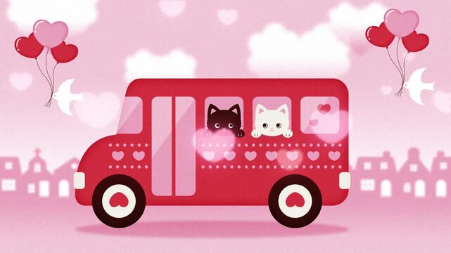 pink background with a couple of cats on the cute bus with hearts driving on the road animation for Valentine's Day, Wedding, etc.
