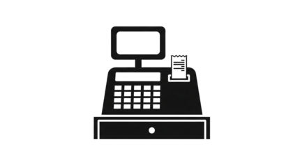 Black and white graphic illustration of a cash register with a monitor and receipt printer on a plain white background for business and financial concepts
