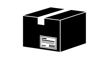 A black cardboard box with a white shipping label and packing tape on a white background with package and delivery and parcel and barcode