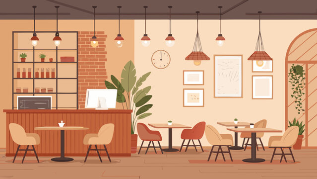 Stylish cafe interior vector illustration, warm tones wooden furniture hanging lights, cozy seating, blank wall for branding