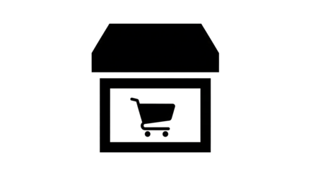Black shopping cart icon in a square box with open lid on white background for e commerce and online shopping concepts with online store