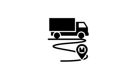 A black truck icon driving on a winding road to a delivery location pin with a box with transportation and logistics and shipping and graphic