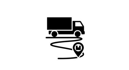 A black truck icon driving on a winding road to a delivery location pin with a box with transportation and logistics and shipping and graphic