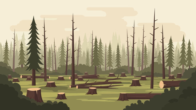 Deforestation's aftermath: A depiction of a deforested area, where tree stumps are visible and the aftermath is evident. the forest, the result of ecological damage.