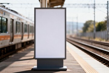 Train station billboard and passing train