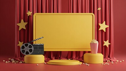 Yellow movie billboard with cinema elements and red curtains