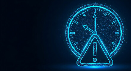 A neon blue clock with a warning sign in the center on a dark background
