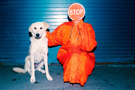 Person with Stop Sign and Dog