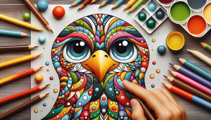 Eine l&auml;chelnde Eule im Mosaikstil wird mit vielen Buntstiften gemalt