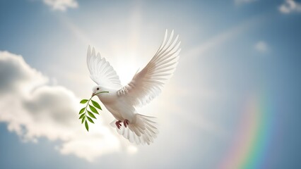 Fototapeta premium Dove with olive branch in flight under rainbow sky