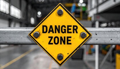 Cautionary Territory: An arresting close-up reveals a stark yellow diamond-shaped sign declaring DANGER ZONE, affixed to a metal barrier in an industrial setting, symbolizing hazardous environments. 