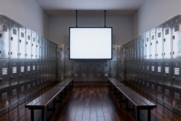 Locker room with benches and screen
