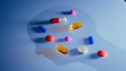 Silhouette of head with creatively arranged pills and supplements