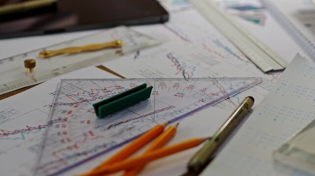 Professional design table, rulers, pencils, charts, notebook under soft light