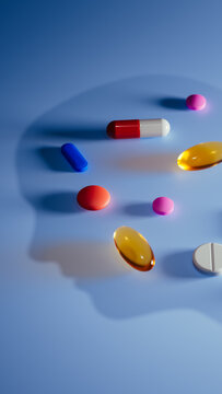 Silhouette of head with creatively arranged pills and supplements