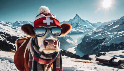 Eine Kuh mit Pudelm&uuml;tze Sonnenbrille und Schweizer Flagge in den verschneiten Bergen