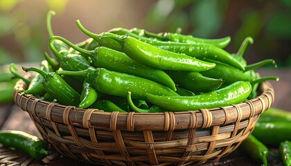 Woven basket filled with fresh green chili peppers on wooden surface outdoors with lush foliage background.