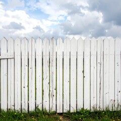Fototapeta premium White picket fence against a cloudy sky
