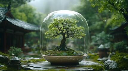 Naklejka premium Miniature bonsai tree in a glass dome, serene garden setting.