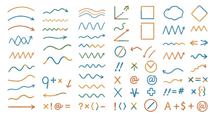 Naklejka premium Large set of hand drawn scribbled arrows, lines, mathematical symbols, and shapes in blue, orange, and green colors.