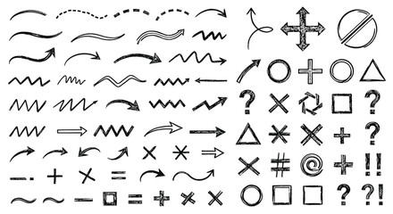 Obraz premium Extensive set of hand drawn charcoal or chalk arrows, lines, and symbols including crosses, stars, and punctuation.
