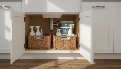 Open kitchen cabinet with baskets and cleaning supplies inside